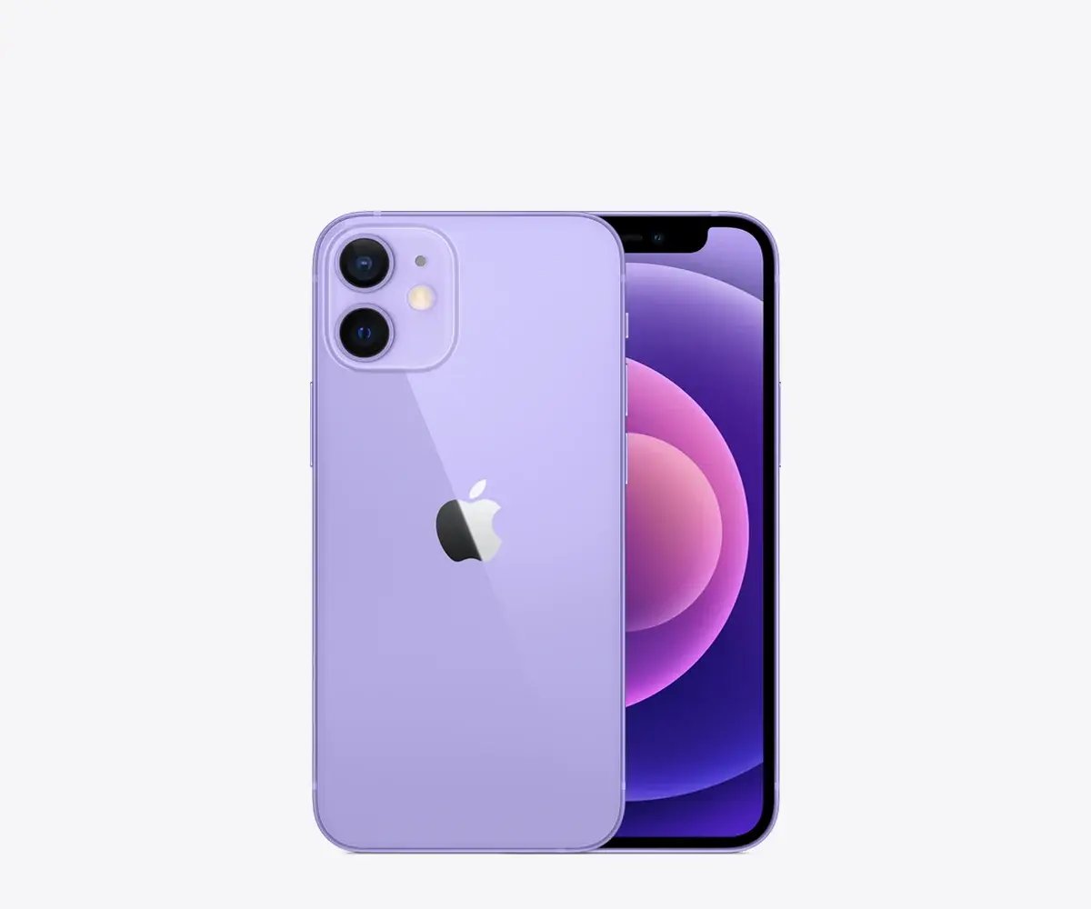 iPhone 12 mini en Morado, vista trasera y frontal