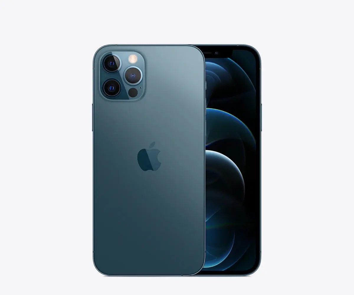 iPhone 12 Pro en Azul pacífico, vista trasera y frontal