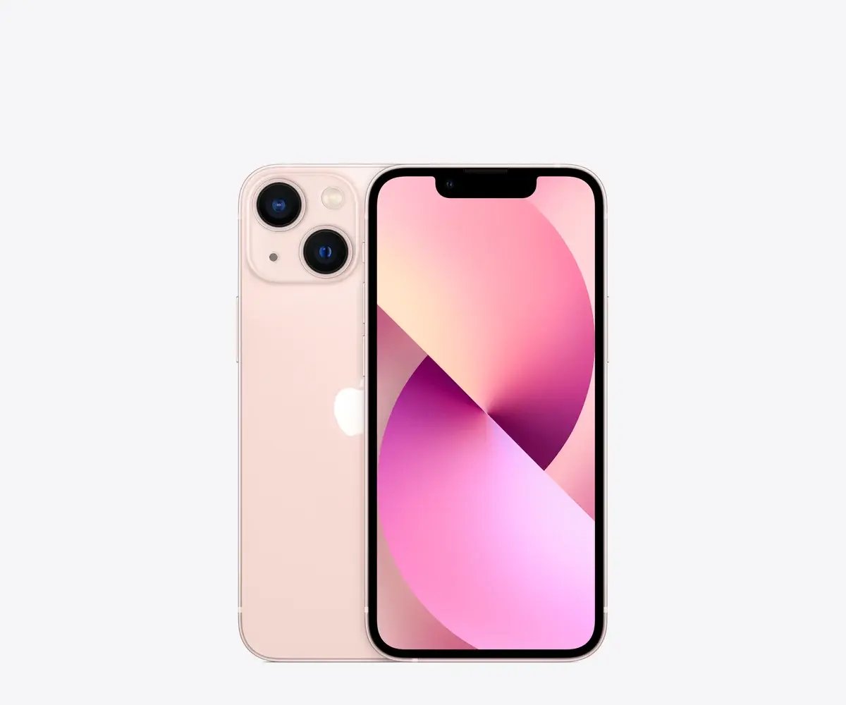 iPhone 13 mini en Rosa, vista trasera y frontal