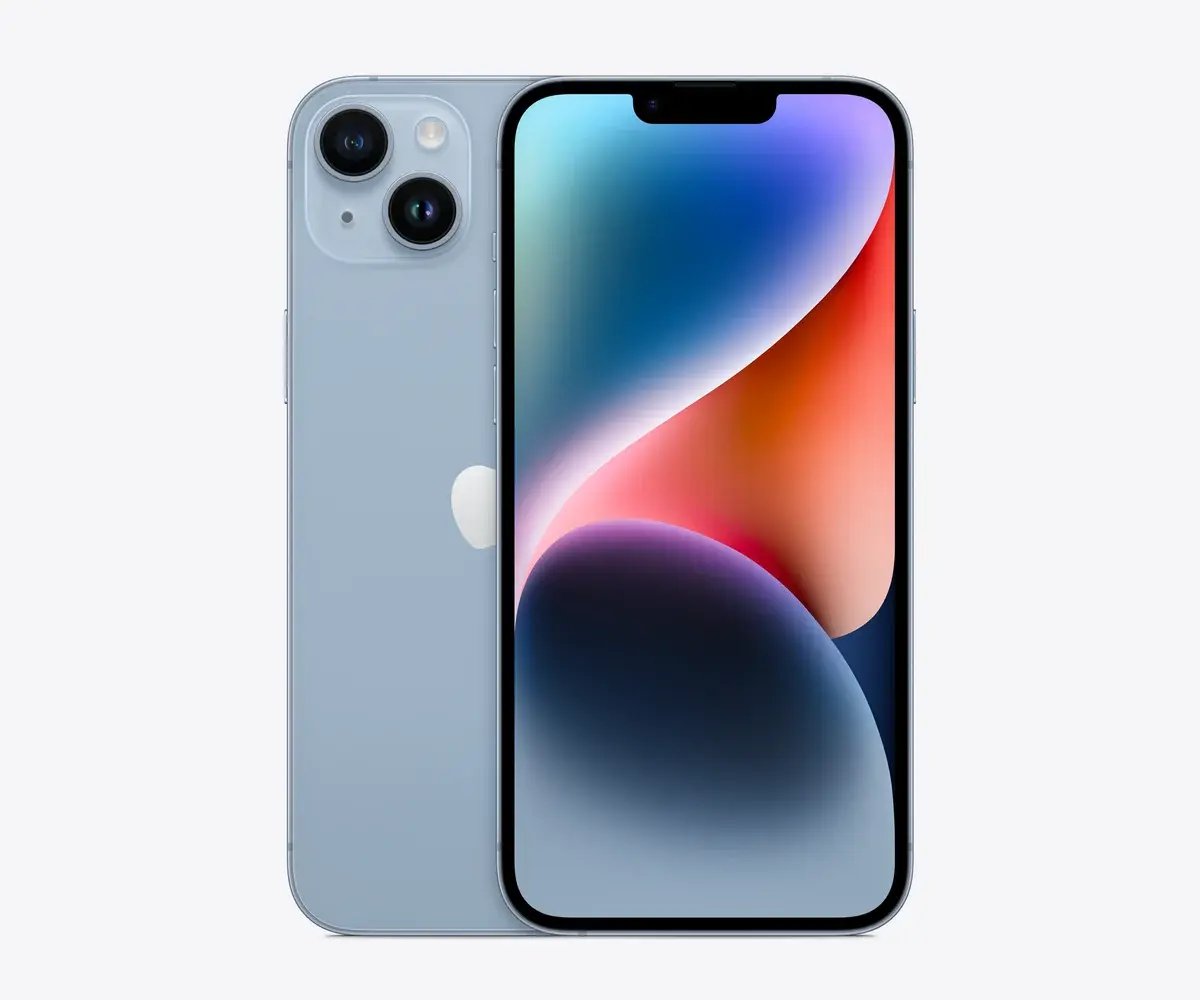 iPhone 14 Plus en Azul, vista trasera y frontal