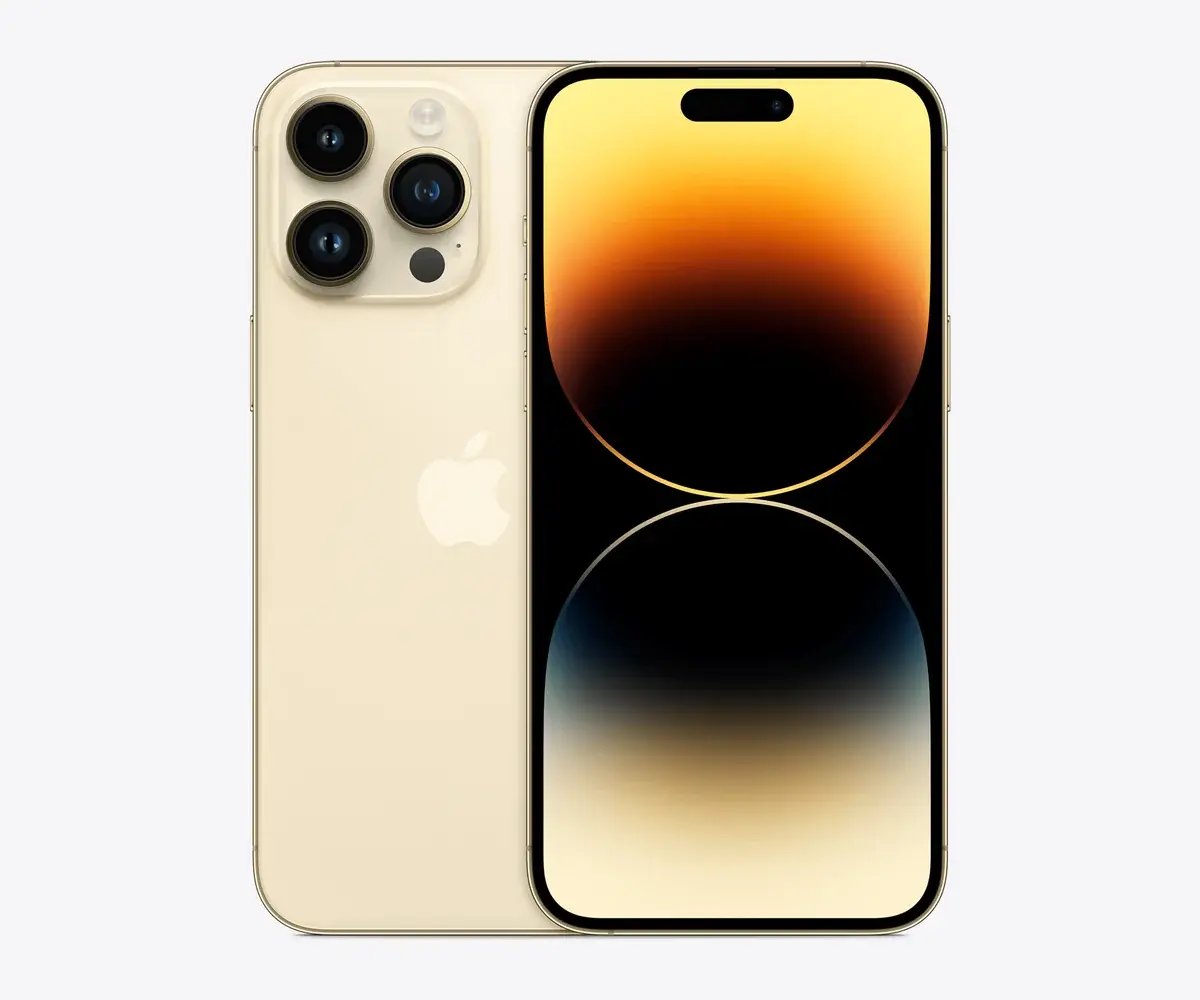 iPhone 14 Pro Max en Oro, vista trasera y frontal