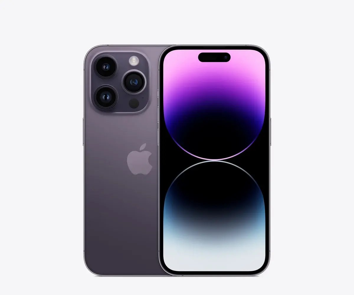 iPhone 14 Pro en Morado oscuro, vista trasera y frontal