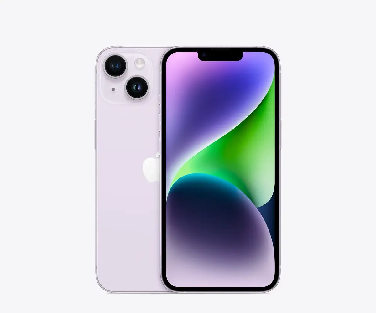 iPhone 14 en Morado, vista trasera y frontal