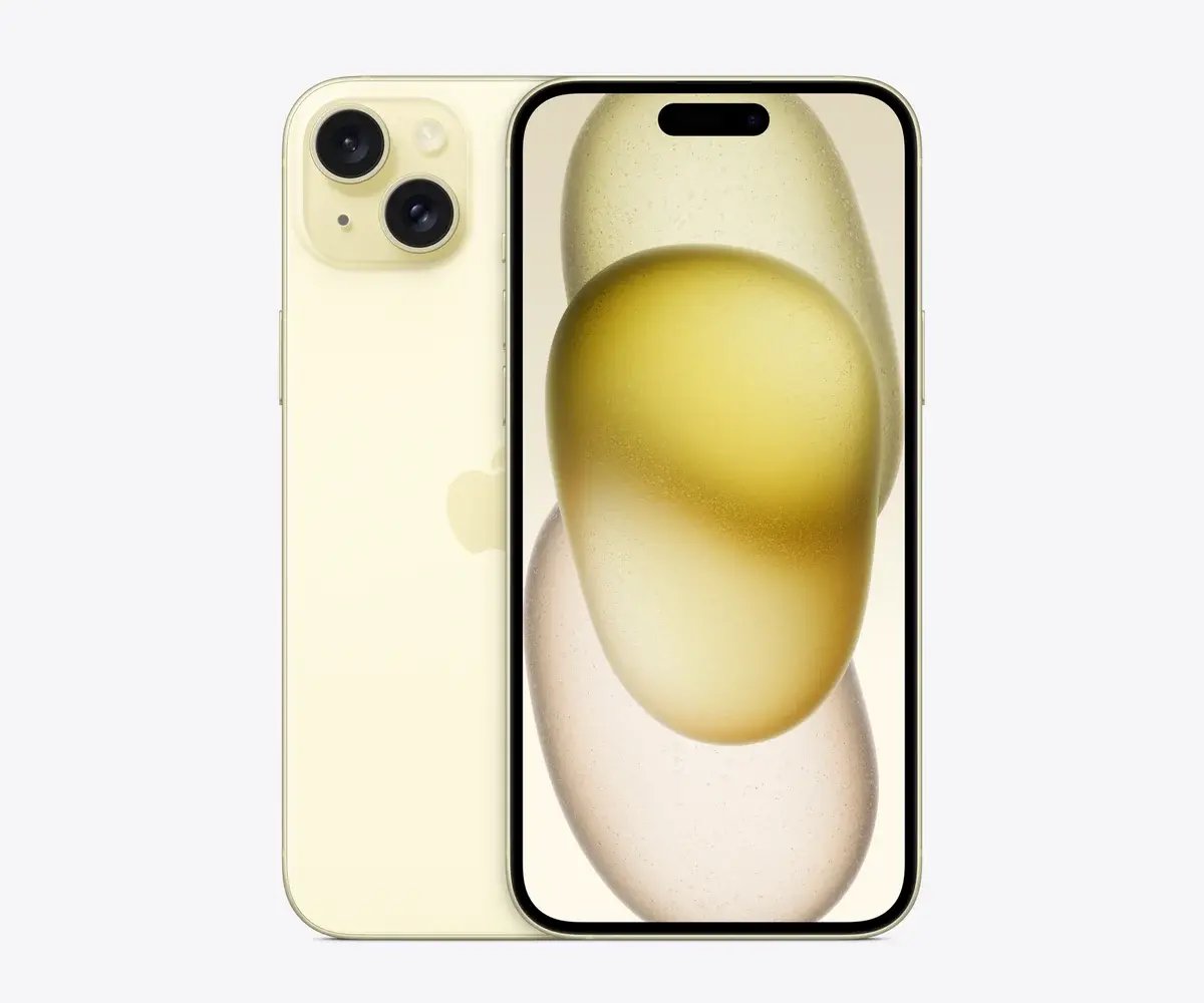iPhone 15 Plus en Amarillo, vista trasera y frontal