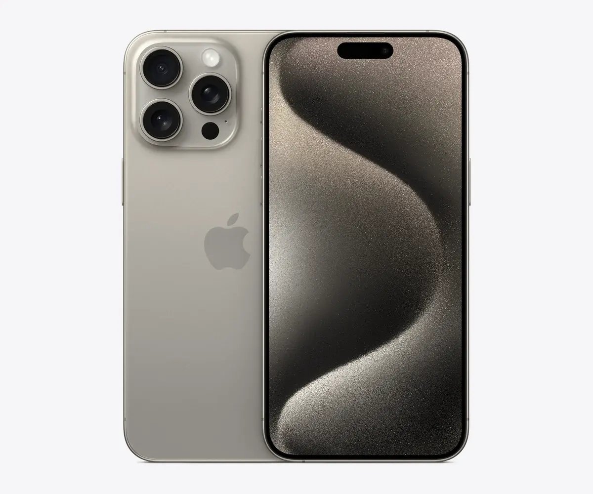 iPhone 15 Pro Max en Titanio natural, vista trasera y frontal