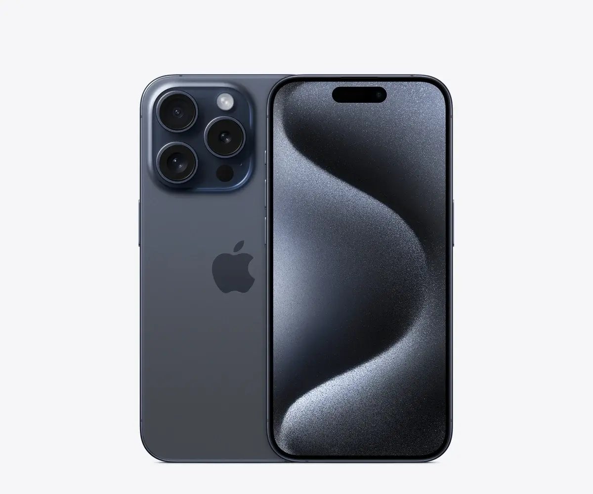 iPhone 15 Pro en Titanio azul, vista trasera y frontal