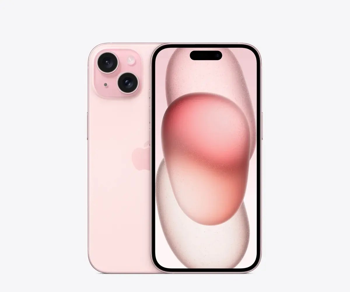 iPhone 15 en Rosa, vista trasera y frontal
