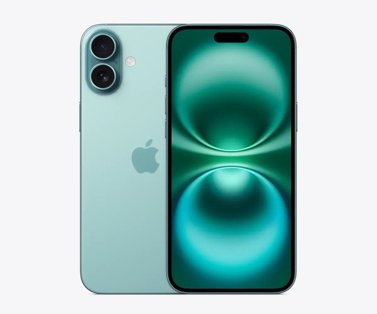 iPhone 16 Plus en Verde azulado, vista trasera y frontal
