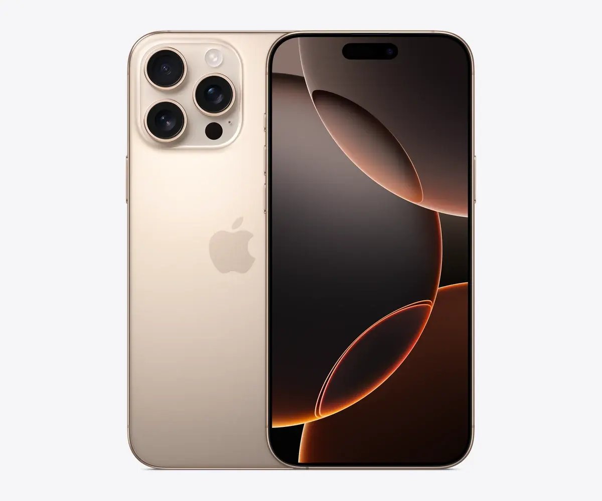 iPhone 16 Pro Max en Titanio desierto, vista trasera y frontal