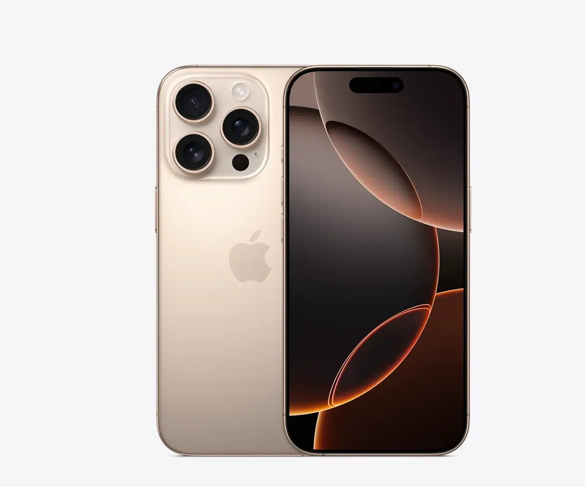 iPhone 16 Pro en Titanio desierto, vista trasera y frontal