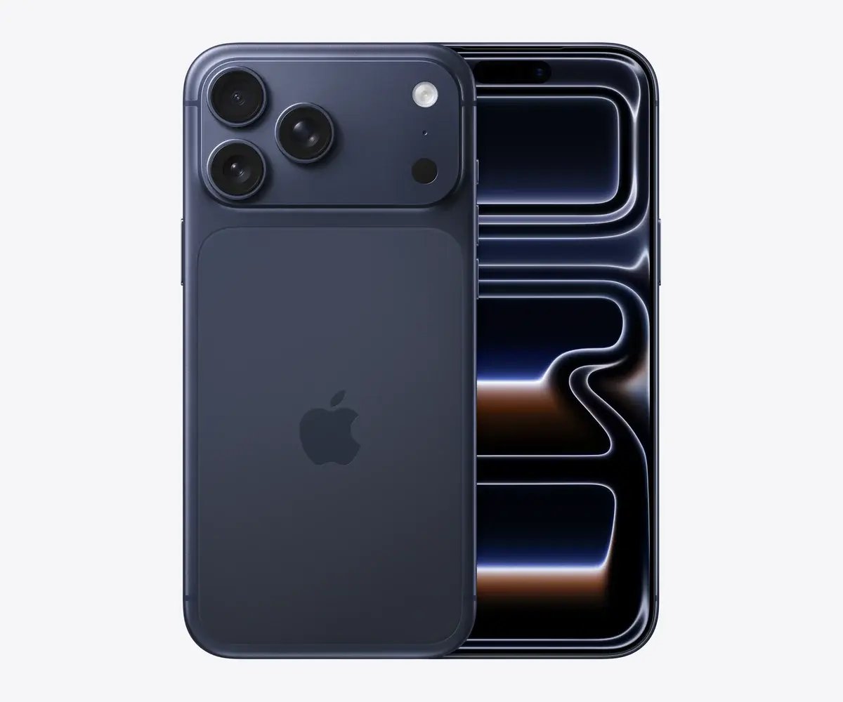iPhone 17 Pro Max en Azul profundo, vista trasera y frontal