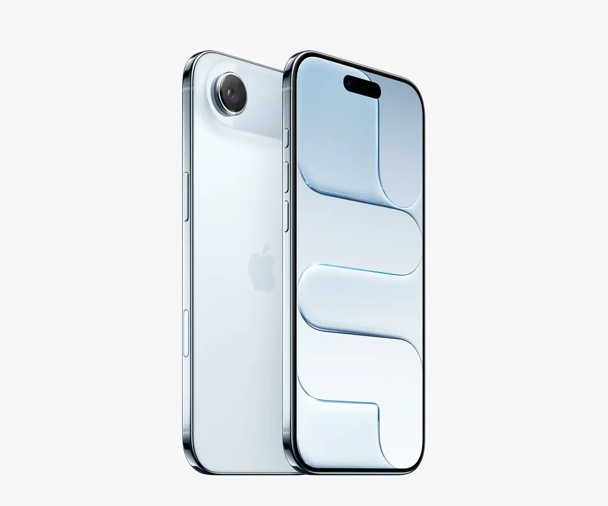 iPhone Air en Azul cielo, vista trasera y frontal