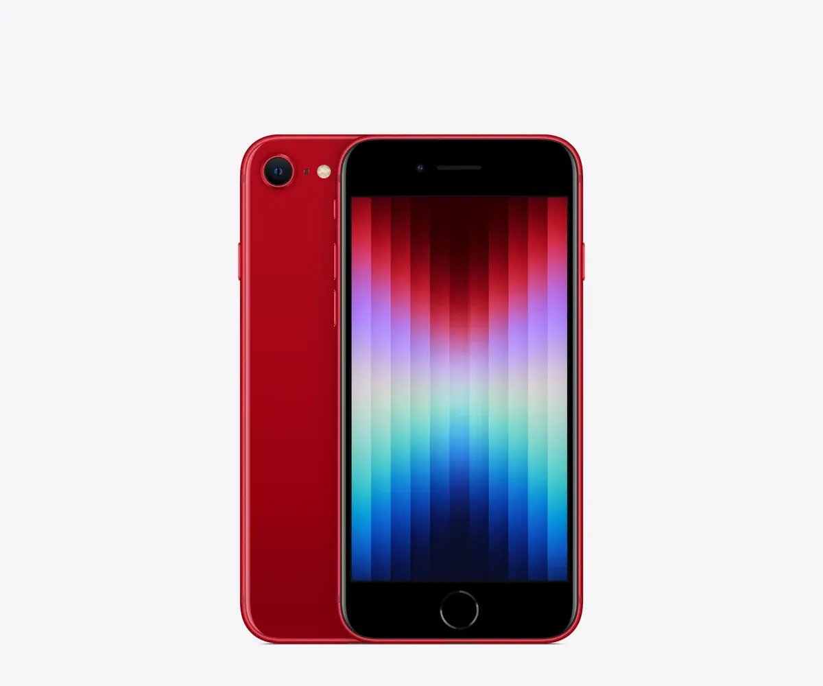 iPhone SE (3.ª generación) en (PRODUCT)RED, vista trasera y frontal